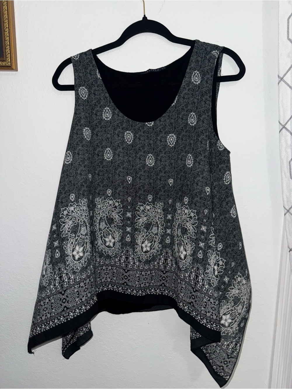 Sleeveless Black Paisley Handkerchief-Hem Tank
